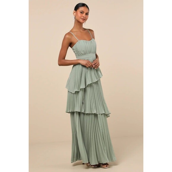 Lulus Dresses & Skirts - Lulus Jehona Sage Brush Pleated Tiered Maxi Dress Bridesmaid Medium